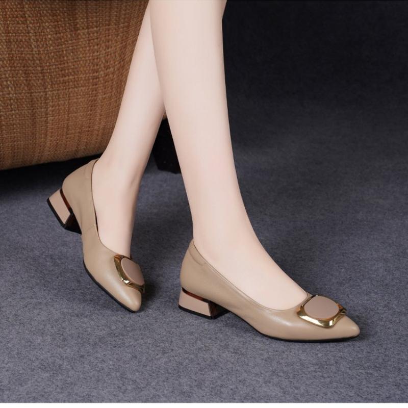 Leather Work Women Shoes - Spring Women's Pointed-Toe Chunky Heel Pumps,