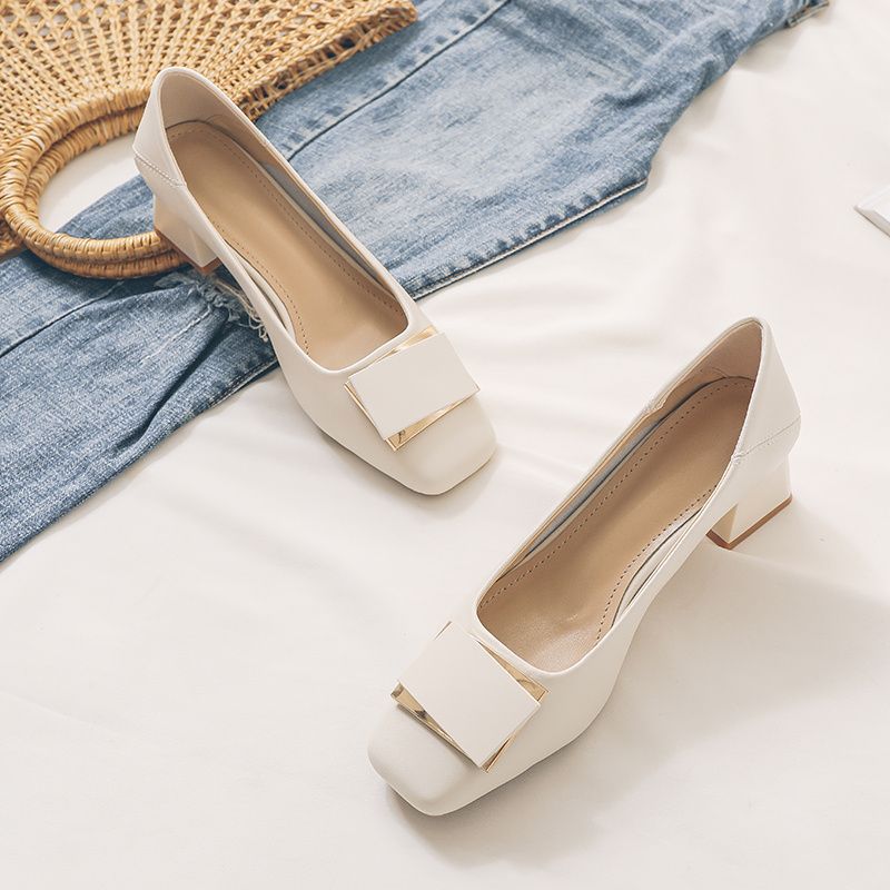 French Style Chunky Heel Pumps - Leather Work Women Shoes ulasan dan harga