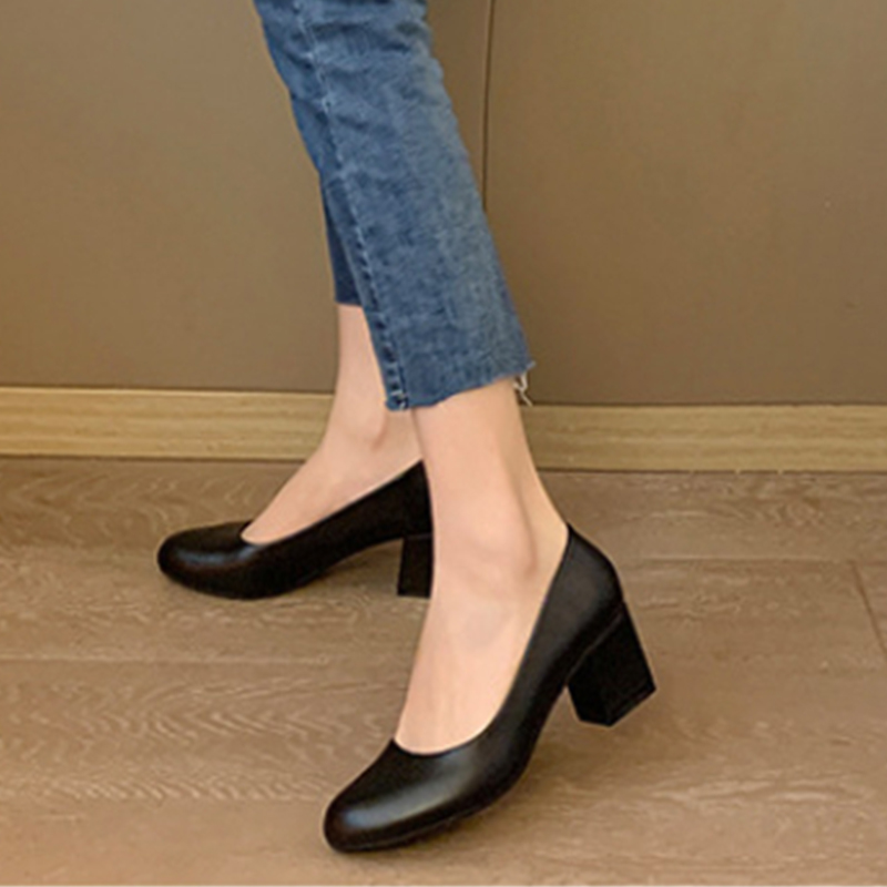 Womens Black Leather Block Hee - Leather Work Women Shoes ulasan dan harga