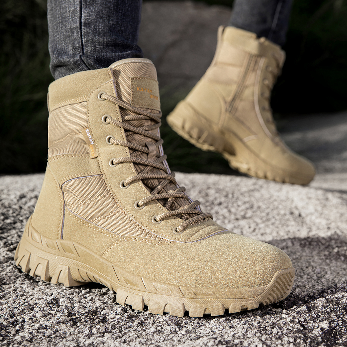 Men's Outdoor Hiking Shoes Hig - Leather Work Fabric ulasan dan harga
