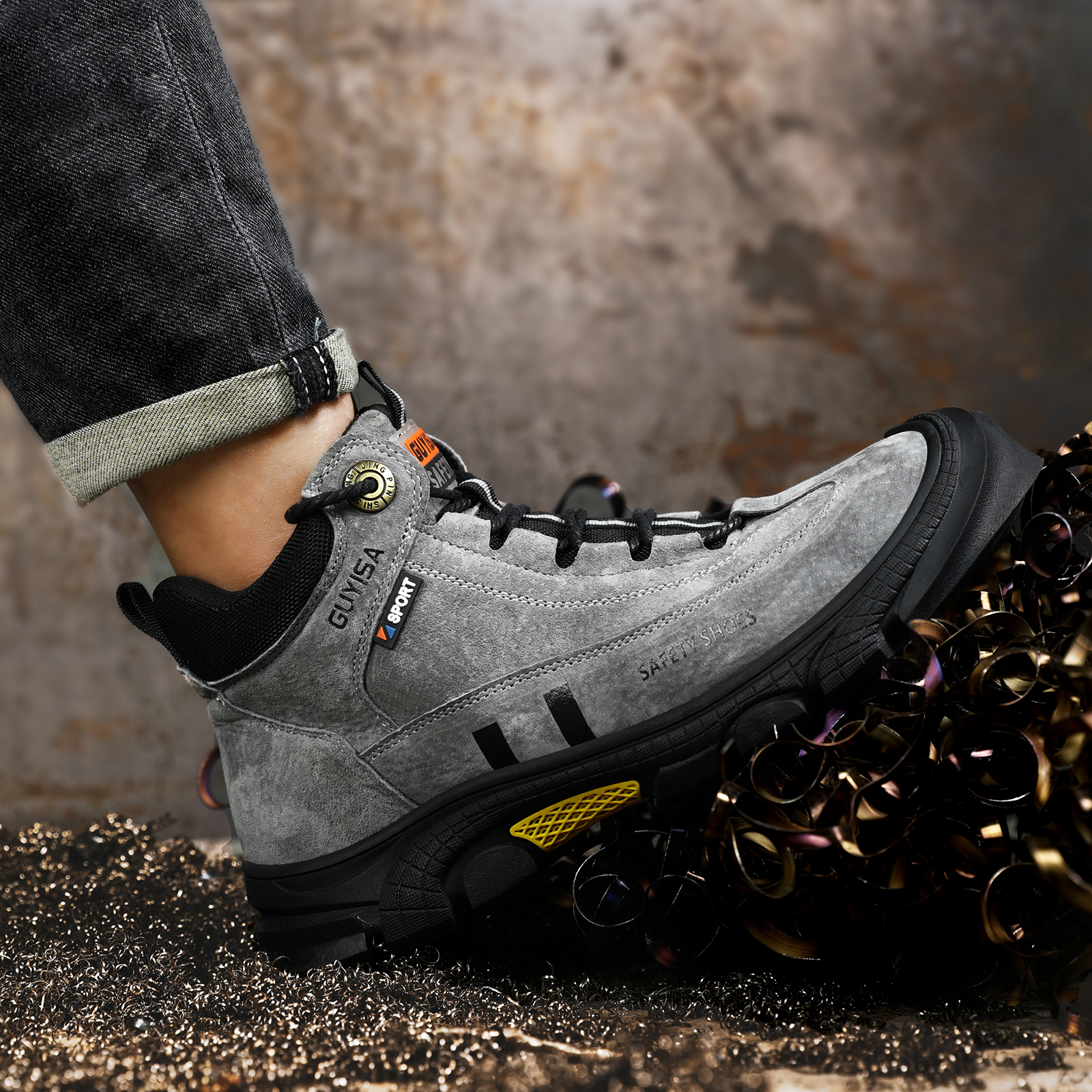 Men's work shoes with rubber s - Leather Work Fabric ulasan dan harga