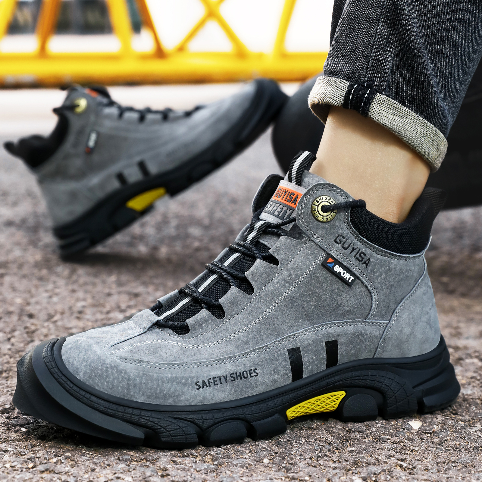 Men's work shoes with rubber s - Leather Work Fabric ulasan dan harga